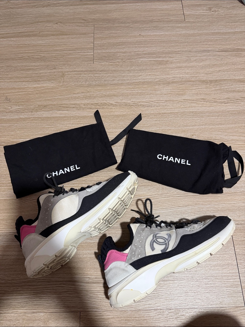 CHANEL Black, White & Pink Tennis Shoes With 2 Dustbags For Each Shoe